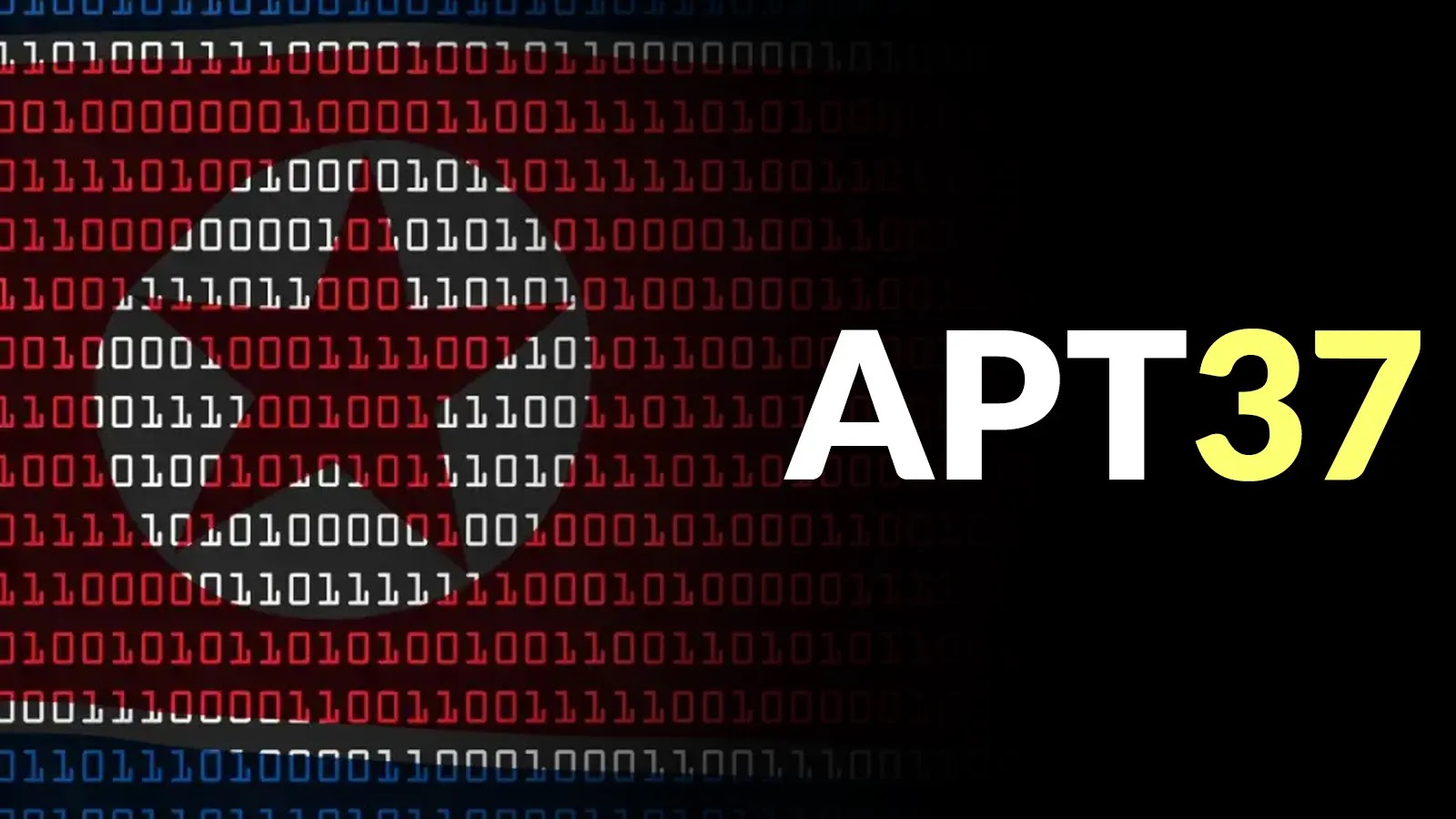 A digital image featuring the word APT37 in bold white letters, with binary code forming a red and white North Korean flag in the background on a black backdrop.