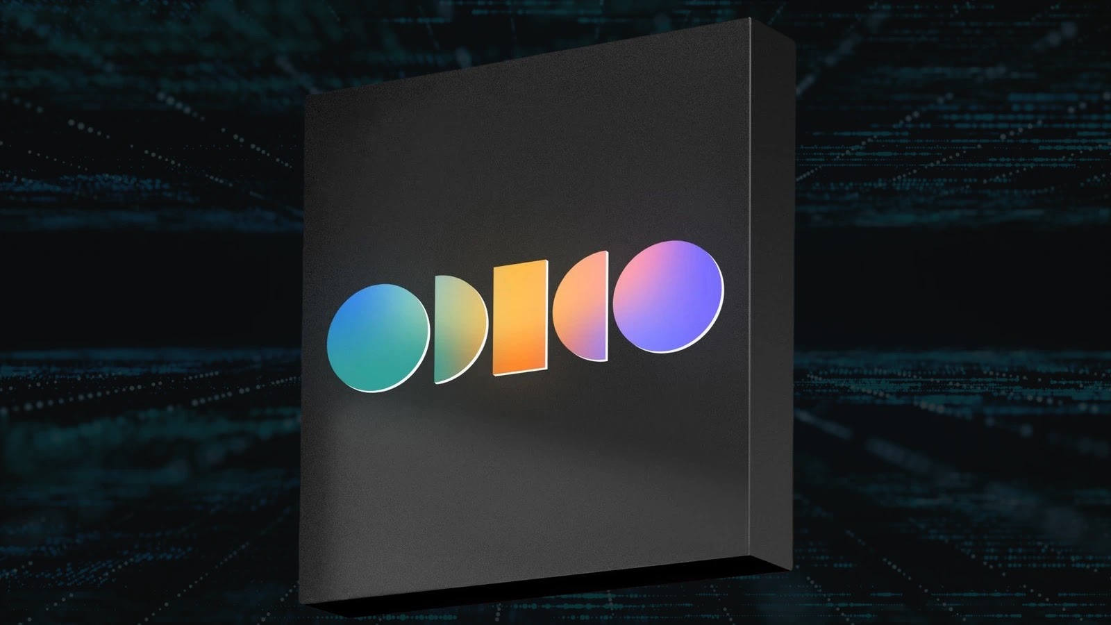 Odido Telecom Suffers Cyberattack A black, square-shaped object with colorful geometric shapes (two circles, two rectangles) arranged in a row on its front, set against a dark digital background with teal lines and dots.