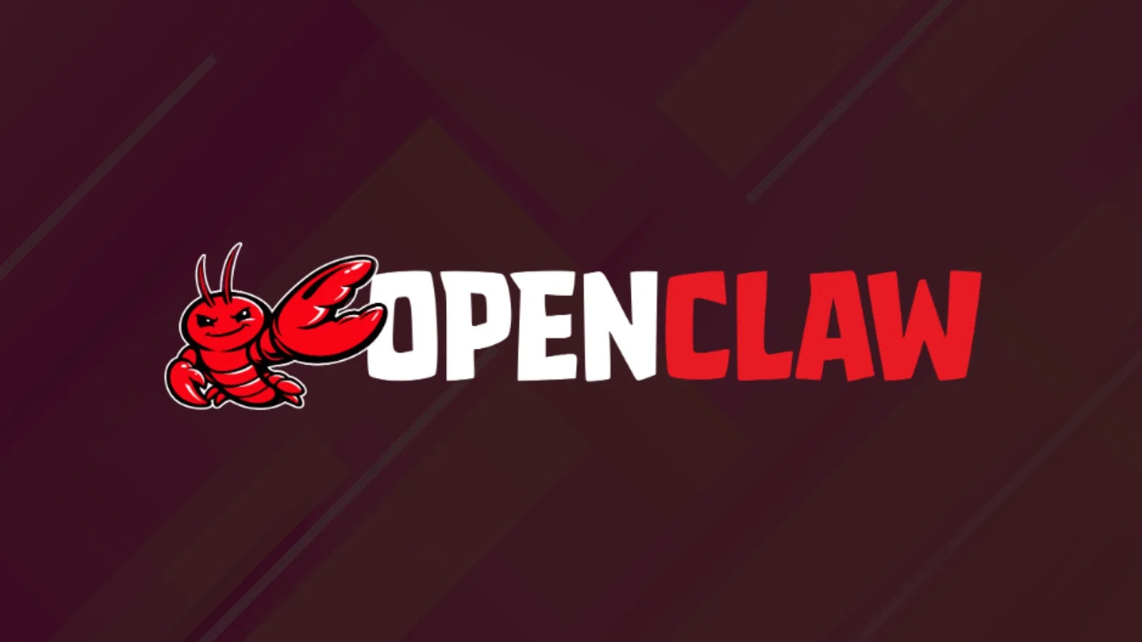A cartoon red lobster raising one claw appears next to the word OPENCLAW, with OPEN in white and CLAW in red, on a dark maroon geometric background.