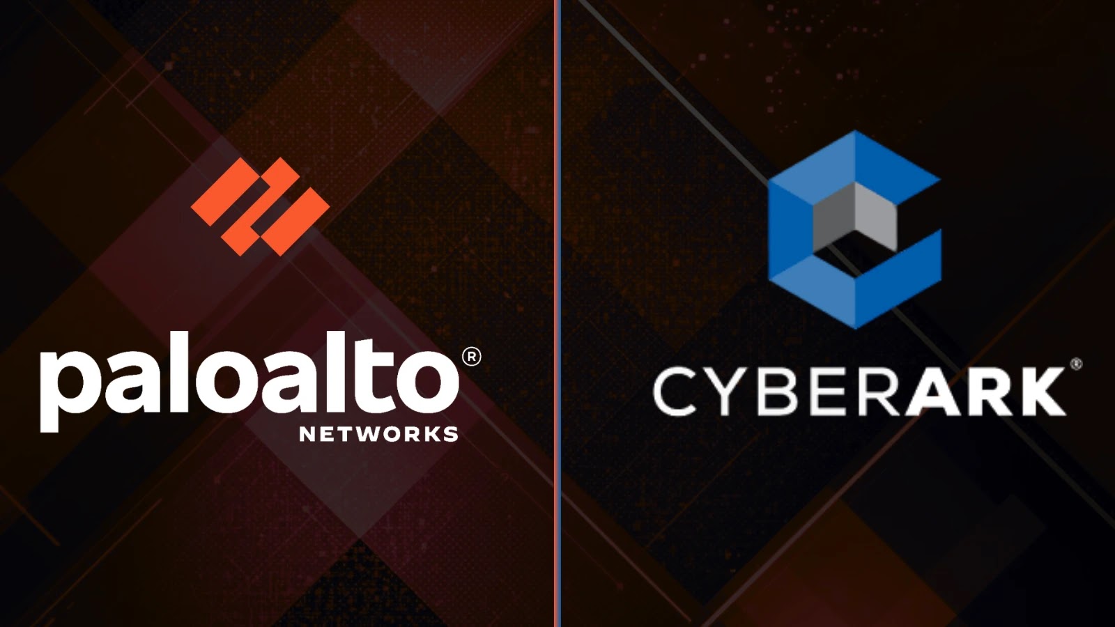 A split-screen graphic featuring the Palo Alto Networks logo on the left with an orange icon and the text paloalto networks, and the CyberArk logo on the right with a blue geometric icon and the text CYBERARK.