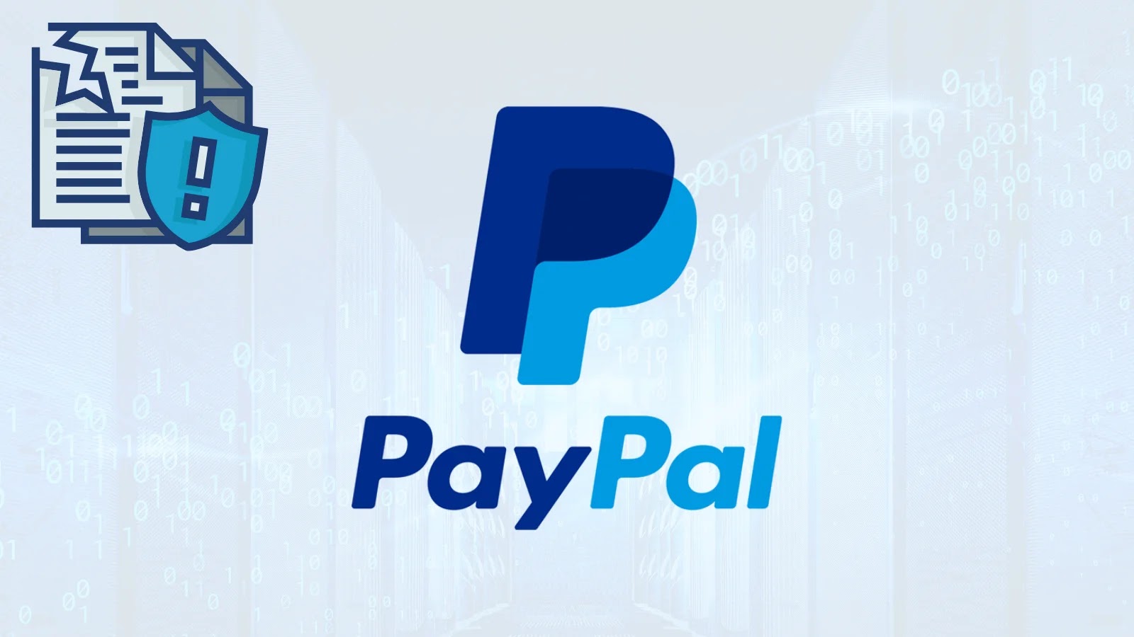 The PayPal logo is centered on a digital background with binary numbers. On the left, there is an icon of documents with a security shield and exclamation mark, suggesting security or protection of information.