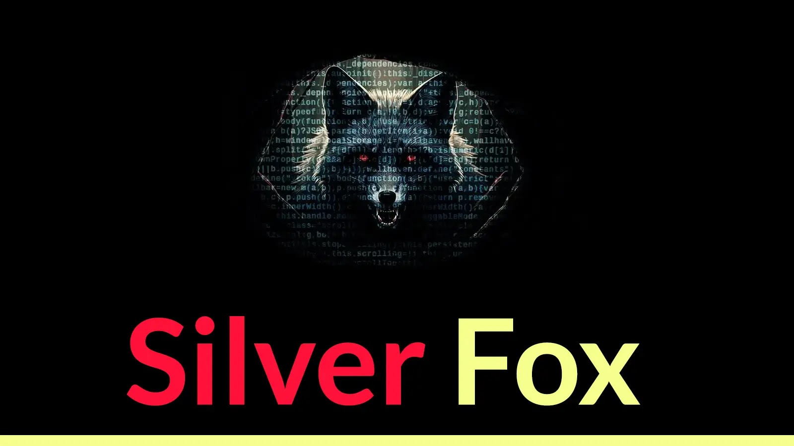 A digital illustration of a wolf’s face with code patterns overlayed, set against a black background. Below, “Silver Fox” is written in large text, with “Silver” in red and “Fox” in yellow.