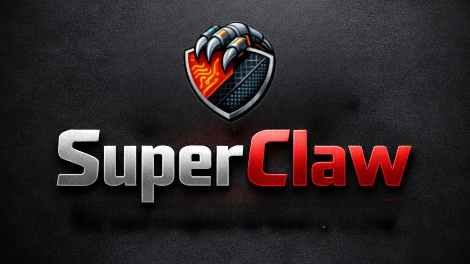 A metallic logo features a shield with a robotic claw gripping it above the bold text SuperClaw. Super is in silver letters and Claw is in red, set against a dark textured background.