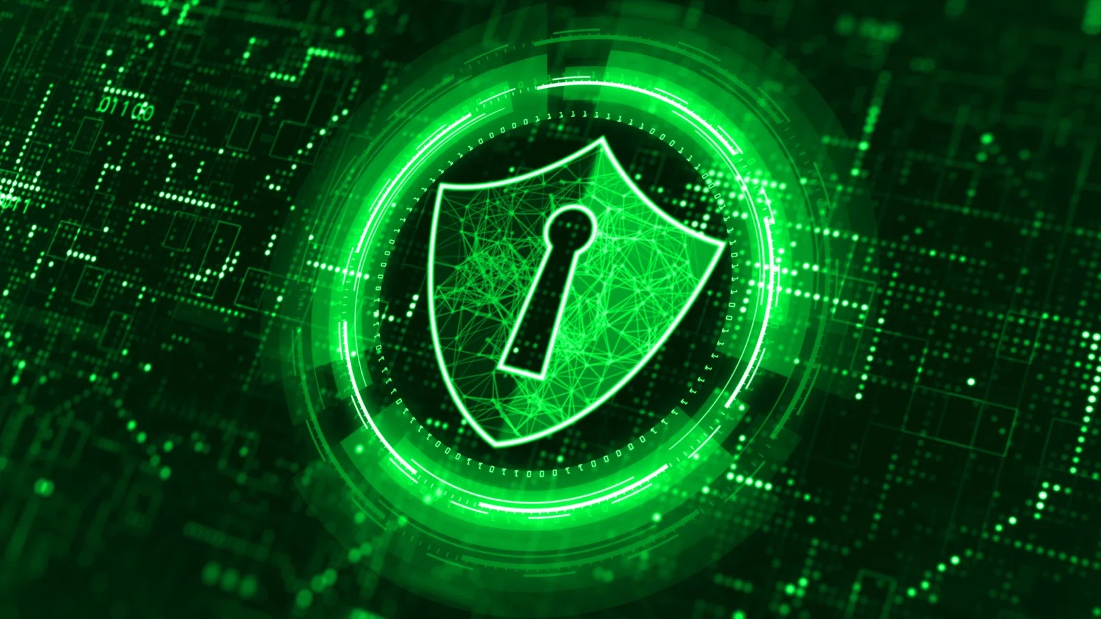 A green circle with a shield and a keyhole.