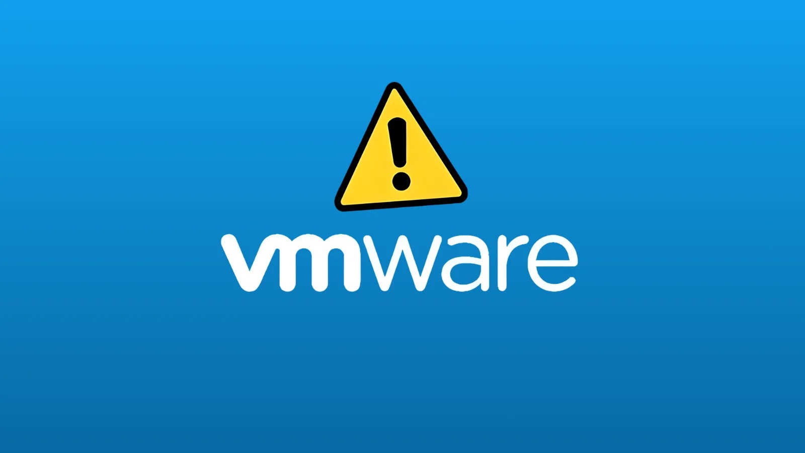 VMware Aria Vulnerabilities RCE Attack A yellow warning triangle with an exclamation mark appears above the VMware logo on a blue background, suggesting an alert or issue related to VMware.