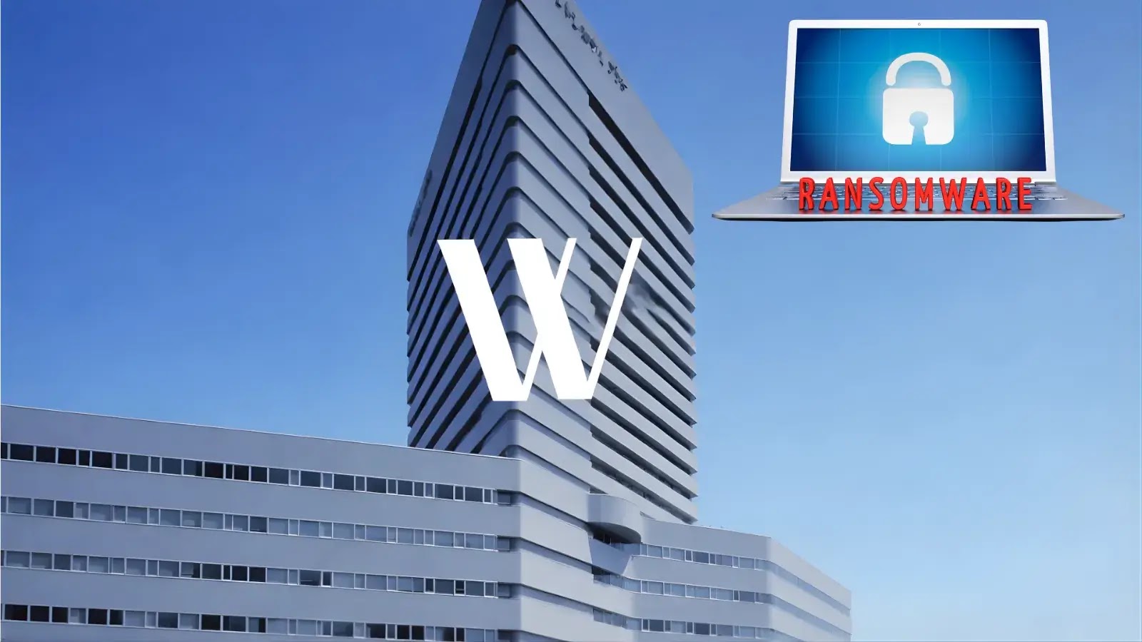 Washington Hotel Located in Japan Suffers Ransomware Attack (1) A modern hospital building with a large white W over it. In the top right, a graphic of a laptop with a padlock and the word RANSOMWARE in red letters appears. Blue sky in the background.