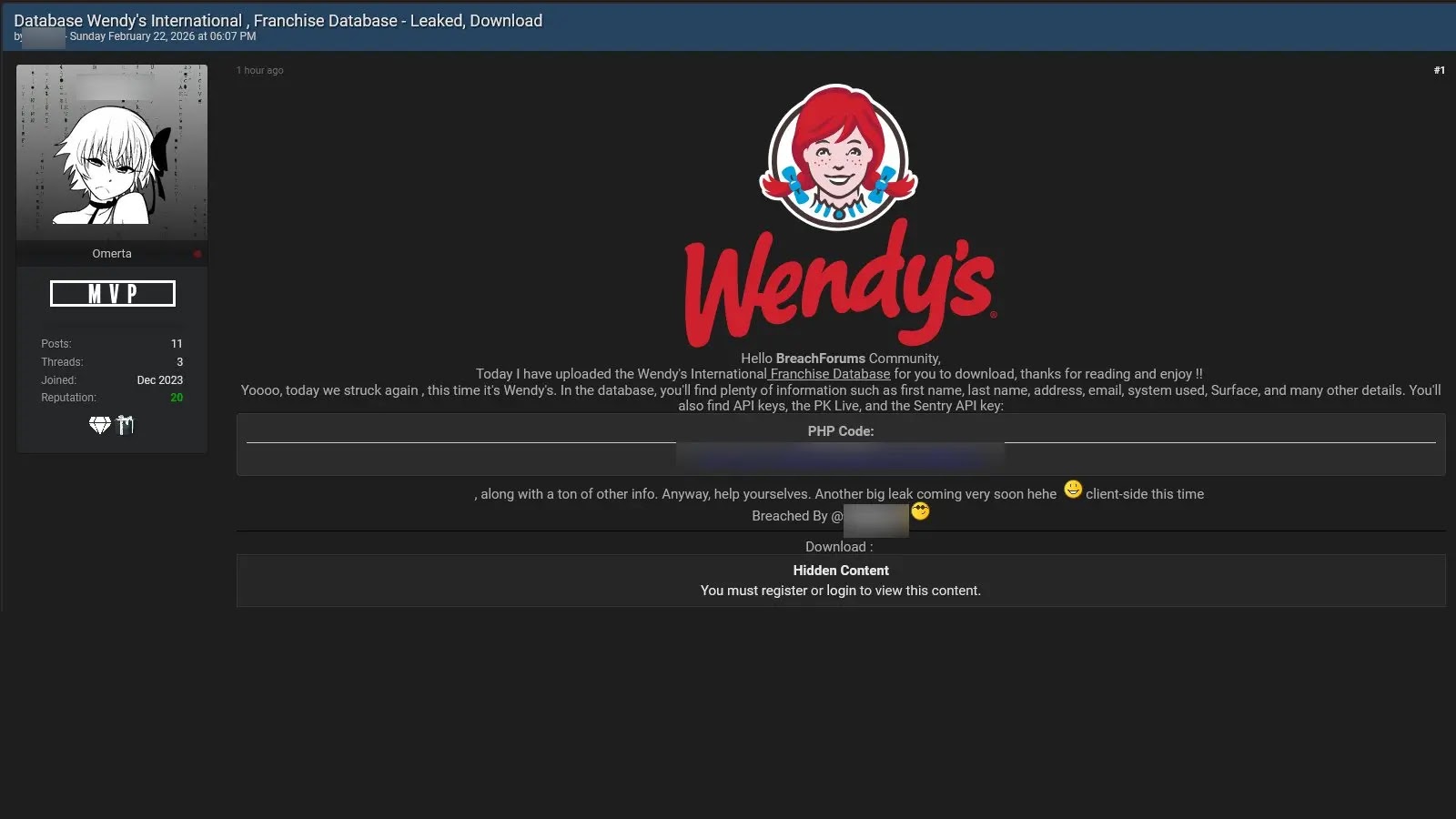 Screenshot of a dark-themed forum page showing a post about a leaked Wendy’s International database. The Wendy’s logo and text are centered, detailing the leak and offering access to the database.