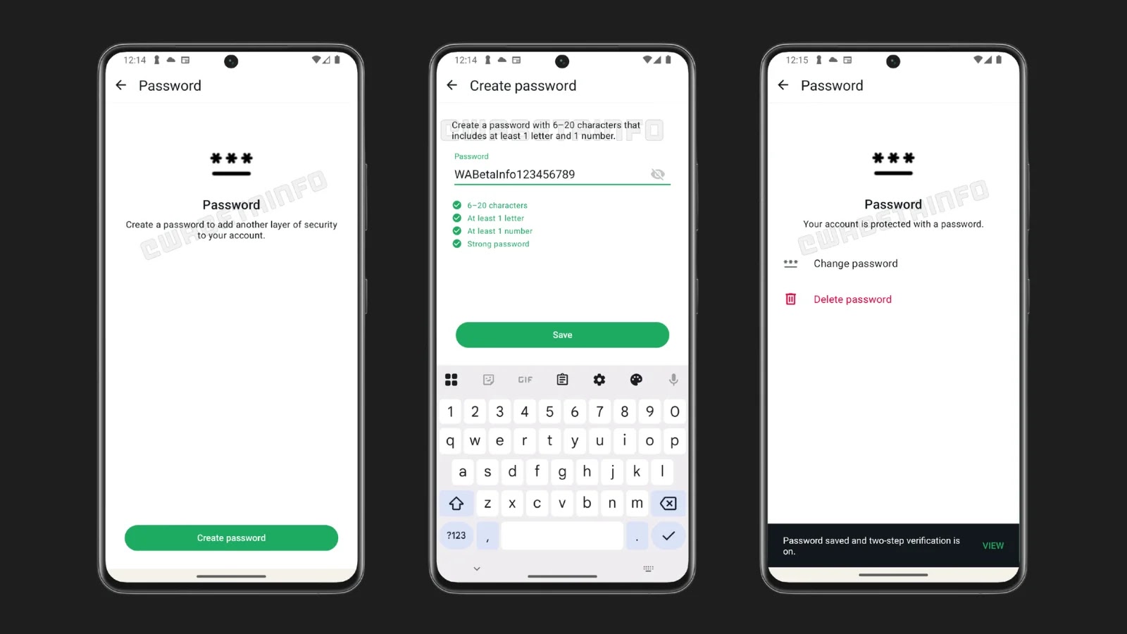 Three smartphone screens show password creation: the first asks to create a password, the second displays typing a strong password with requirements met, and the third confirms the password has been changed successfully.