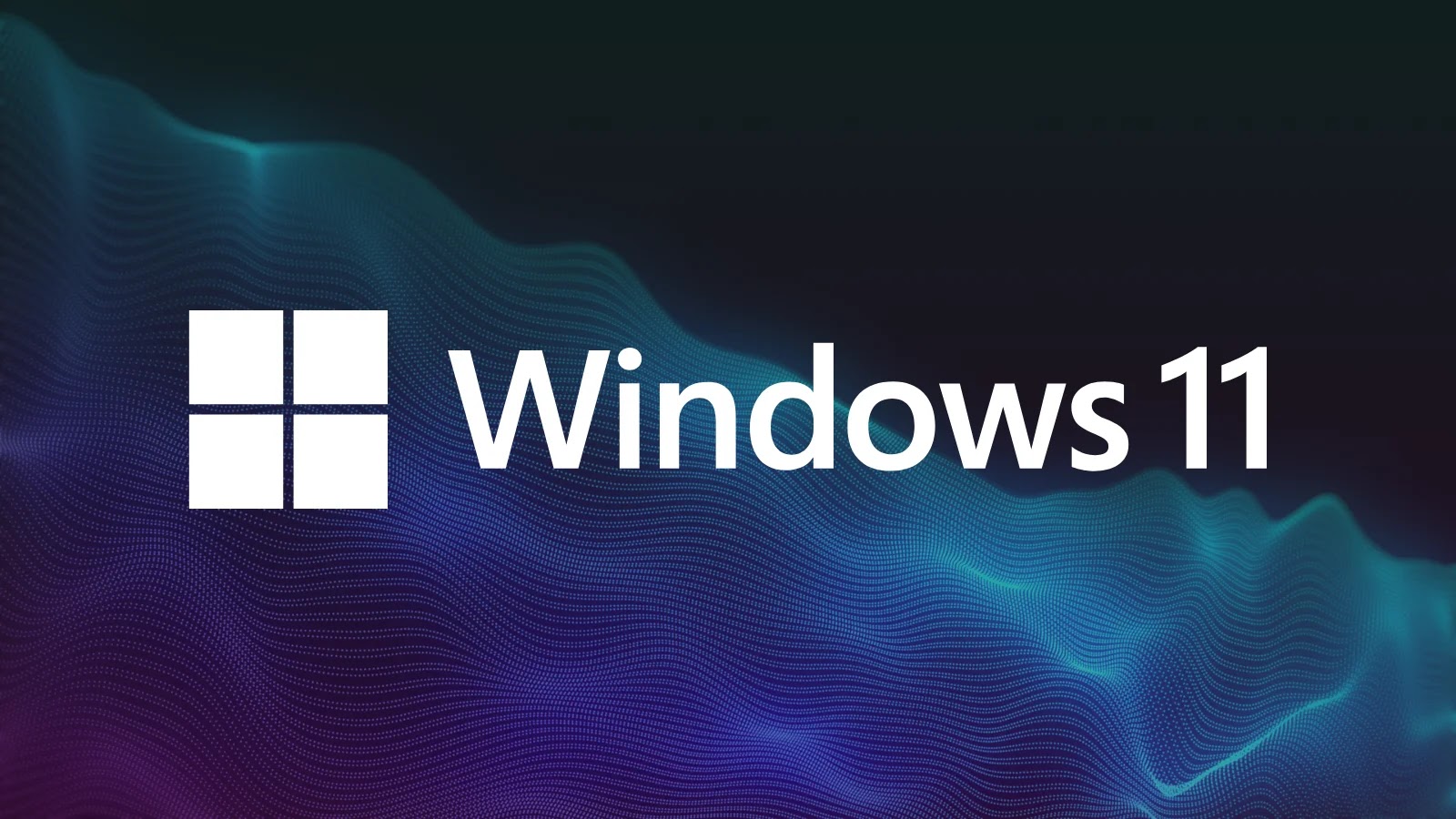 Windows 11 logo with the Windows icon and Windows 11 text displayed over a dark background with blue and purple wave-like patterns.