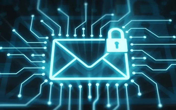 email-security A glowing digital envelope with circuit lines and a padlock icon, symbolizing secure email communication and cybersecurity.