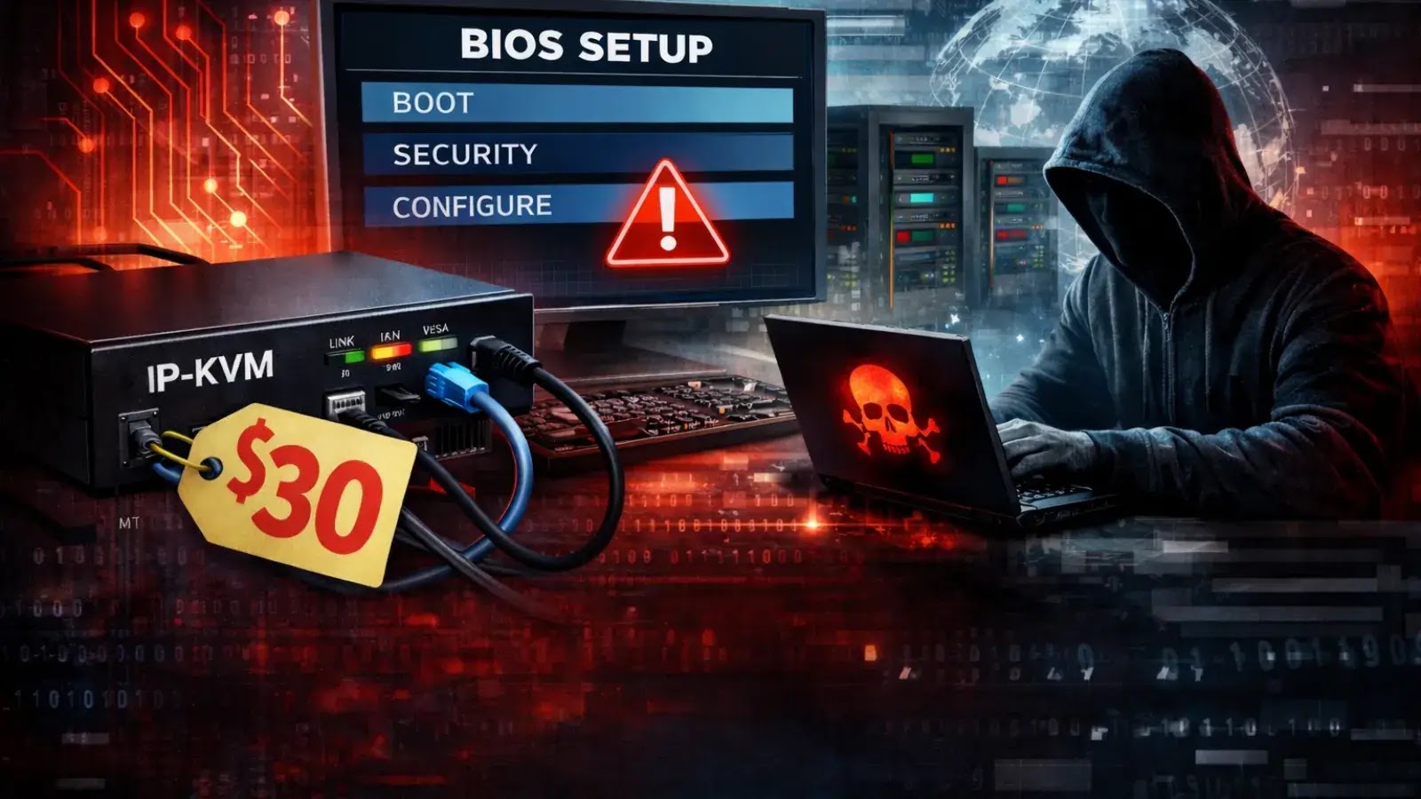 $30 IP-KVM Flaws Could Give Attackers BIOS-Level Control Across Enterprise Networks (1) A hooded figure uses a laptop with a skull symbol, surrounded by servers. A BIOS setup screen with a warning icon is in the background. In the foreground, an IP-KVM device with a $30 price tag is shown.