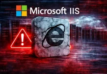 A cracked Internet Explorer icon in front of server racks with a red warning sign and the text Microsoft IIS above, suggesting a security or error issue with Microsoft IIS.
