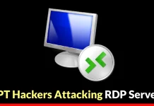 A computer monitor icon and a Remote Desktop Protocol (RDP) logo are shown on a black background, with the text APT Hackers Attacking RDP Servers at the bottom.