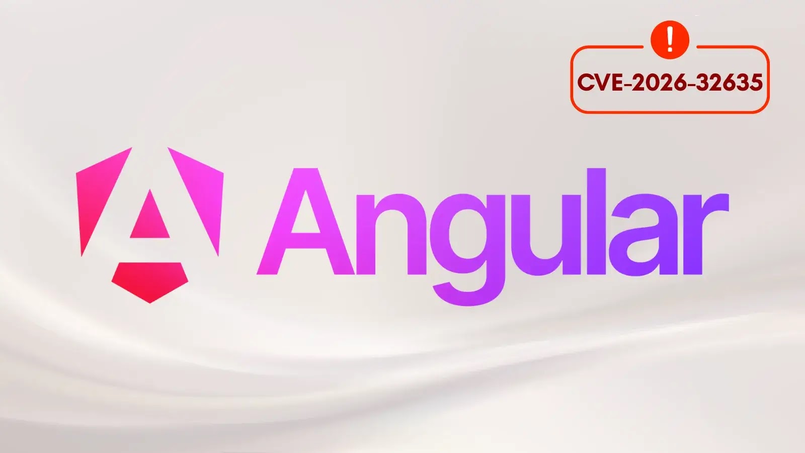 Angular logo and text displayed in a gradient pink and purple color. In the top right corner, a warning symbol appears next to the text CVE-2026-32635 inside a red-outlined box.