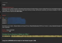 A screenshot of a dark-themed website displaying information about a pharmaceutical company, including financial data, session IDs, and legal credentials. Some text is highlighted or redacted for privacy.