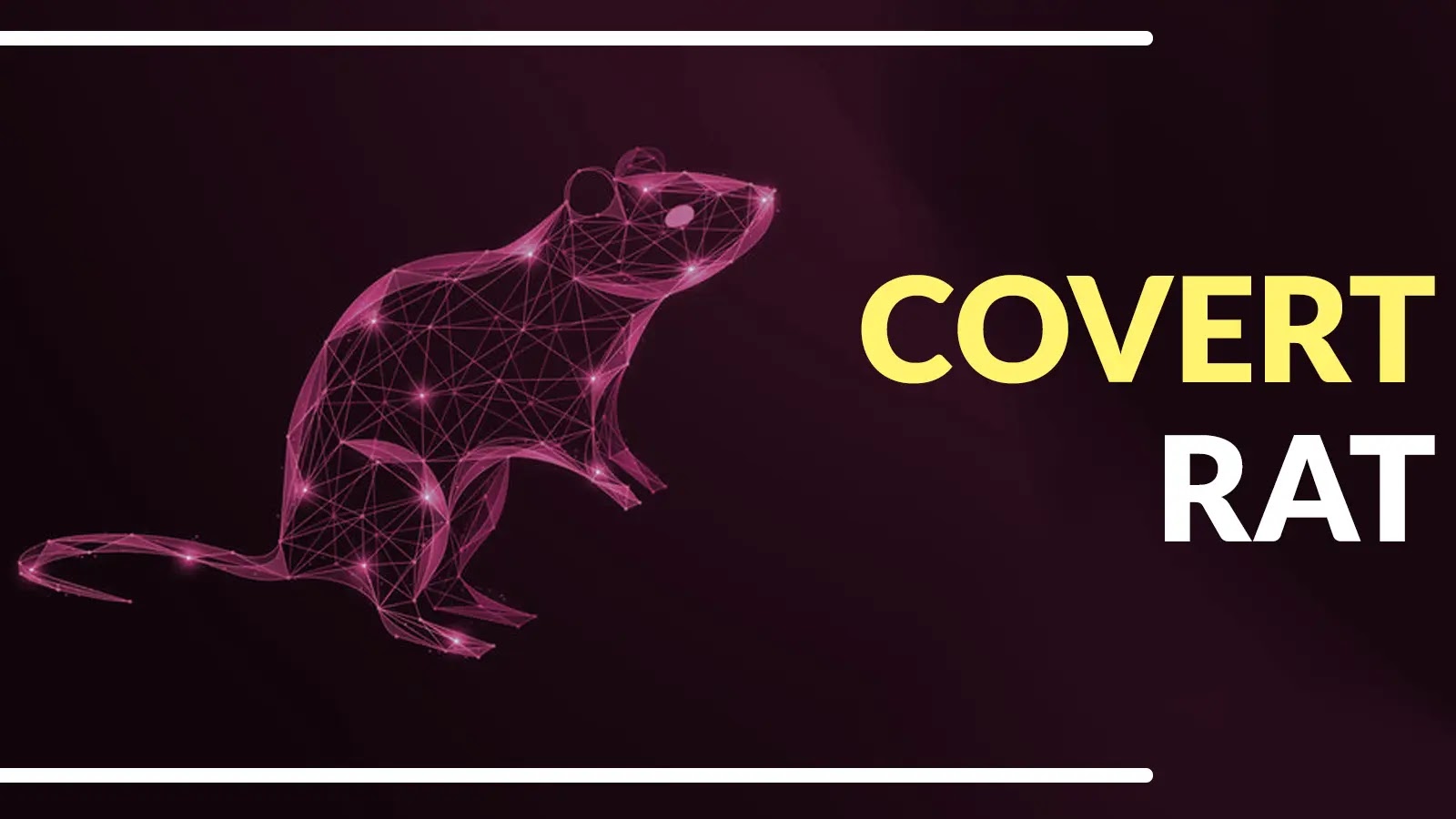 A digital illustration of a rat made from pink geometric lines is on the left, with the words COVERT RAT in bold yellow and white text on the right, all set against a dark purple background.