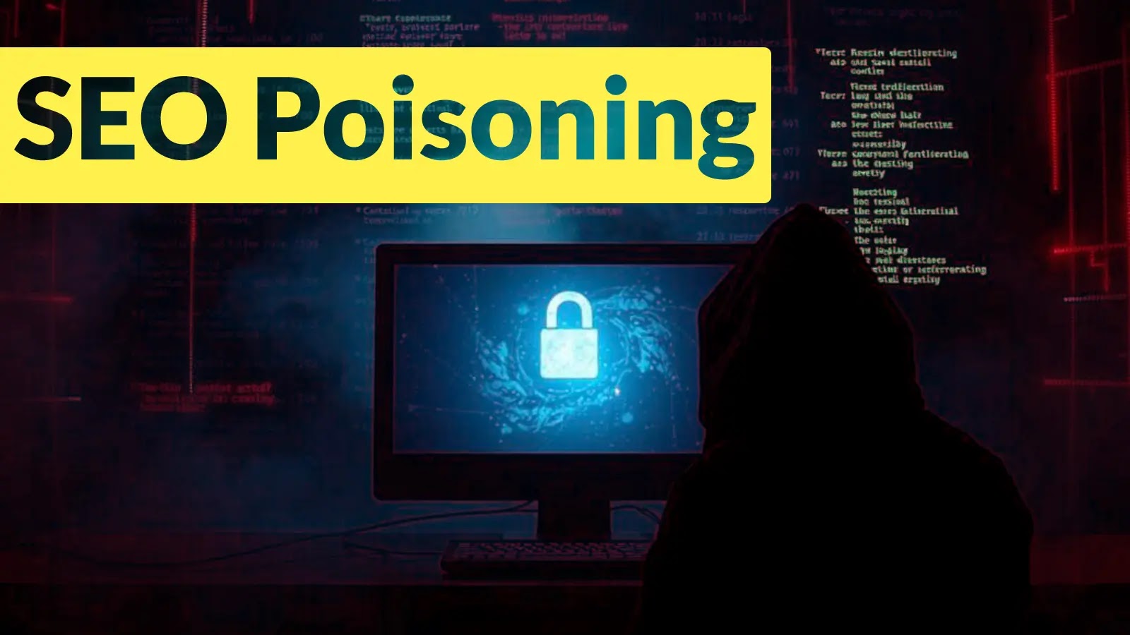 A hooded figure sits in front of a computer displaying a padlock icon, with code on the screen and the words SEO Poisoning in large yellow text above.