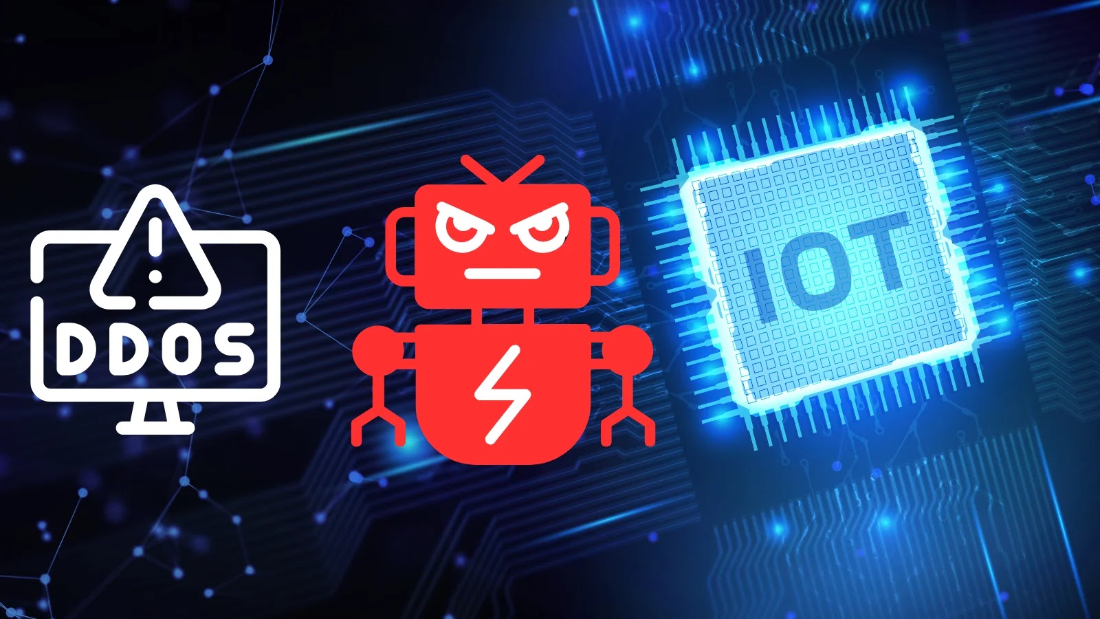 A digital illustration with a DDOS warning icon, a red angry robot icon, and a glowing computer chip labeled IOT, symbolizing cybersecurity threats to Internet of Things devices.