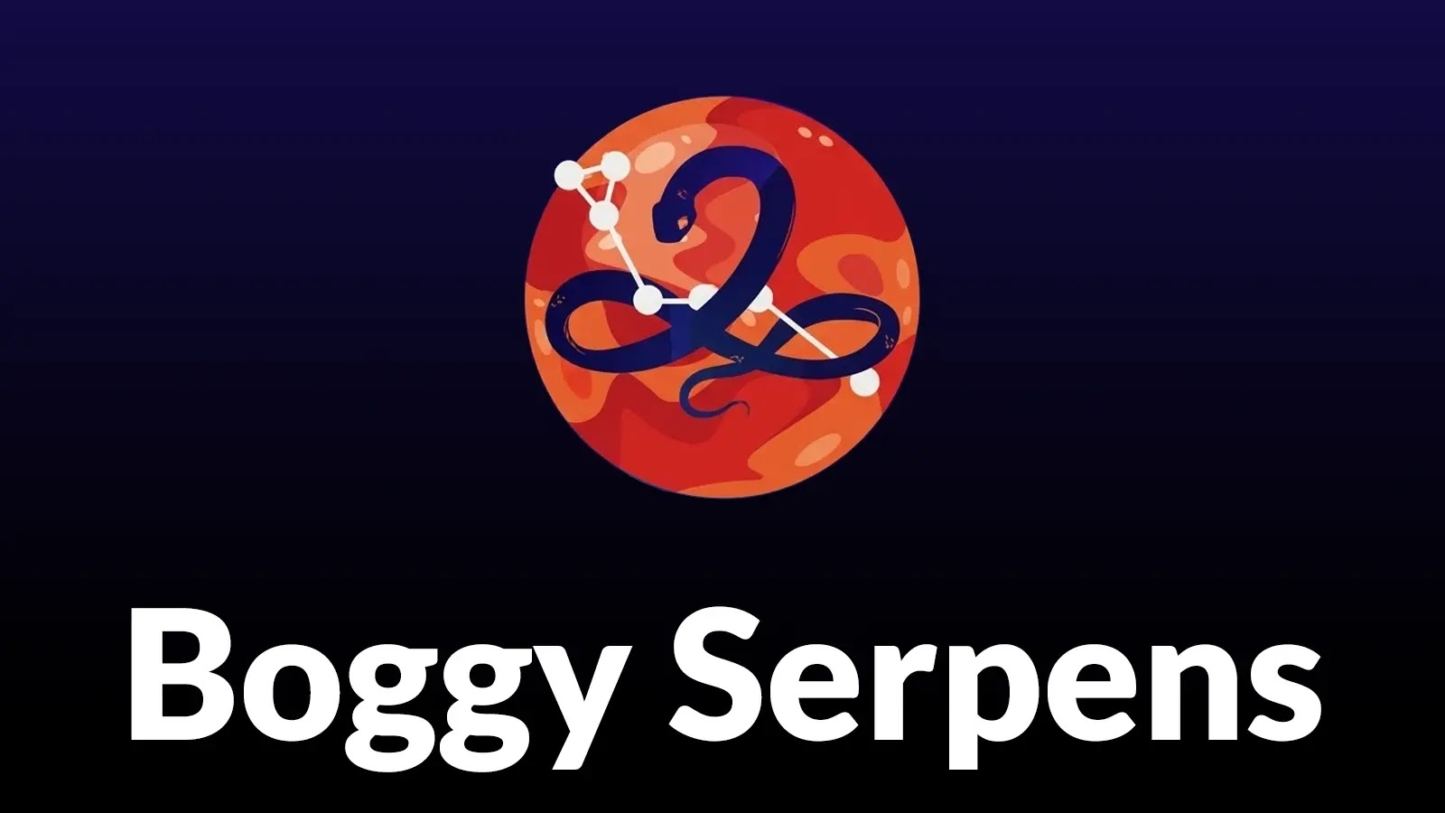 A stylized blue snake forms an S shape on an orange-red planet with a white star constellation above it. Below, bold white text reads Boggy Serpens on a dark background.