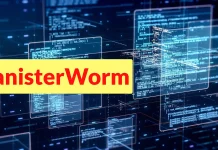 A graphic showing digital screens with code and data, overlaid by a yellow text box with KanisterWorm written in bold red letters.