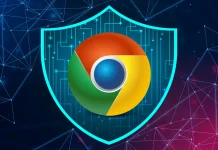 The Google Chrome logo is centered on a digital shield, symbolizing internet security, with a blue and purple tech-patterned background featuring connecting lines and nodes.