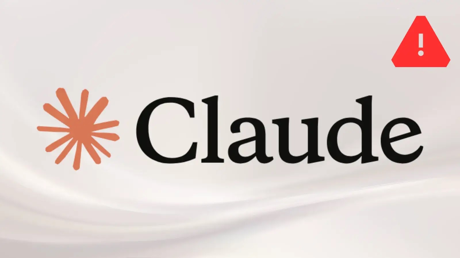 The image shows the Claude logo with an orange asterisk symbol next to the word Claude and a red warning triangle with an exclamation mark in the top right corner. The background is light and wavy.