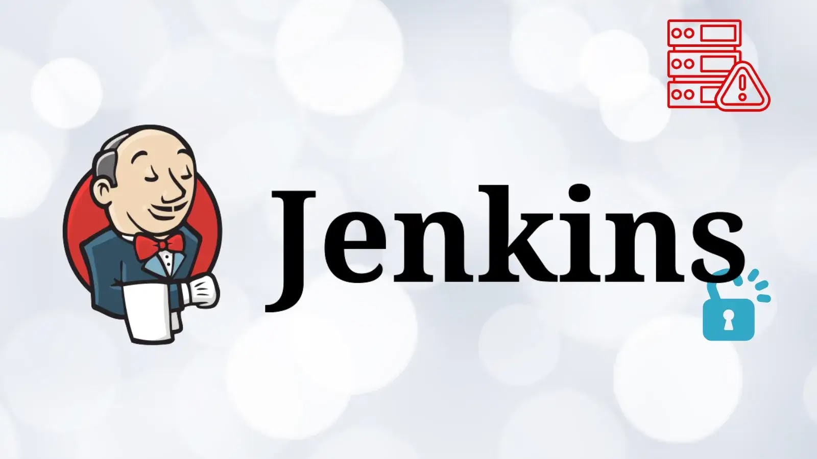 Jenkins logo with a cartoon butler, the word Jenkins in bold, and icons of servers with a warning symbol, plus a padlock with a splash, on a light, blurred background.