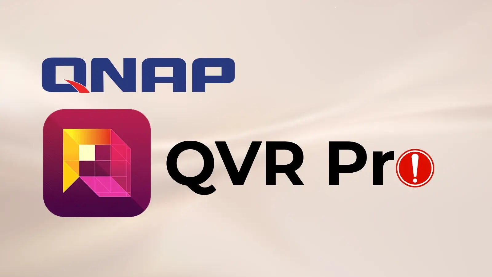 QNAP logo and QVR Pro icon with text QVR Pro and a red exclamation mark on a light background.