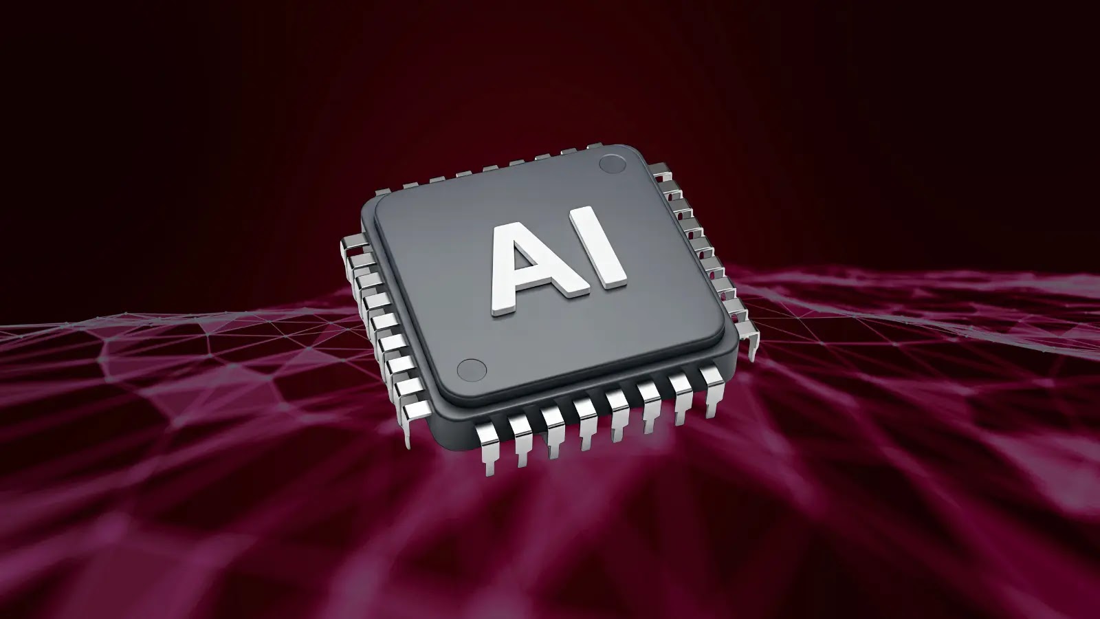 A computer chip labeled AI floats above a digital, pink wireframe landscape on a dark red background, representing artificial intelligence technology.