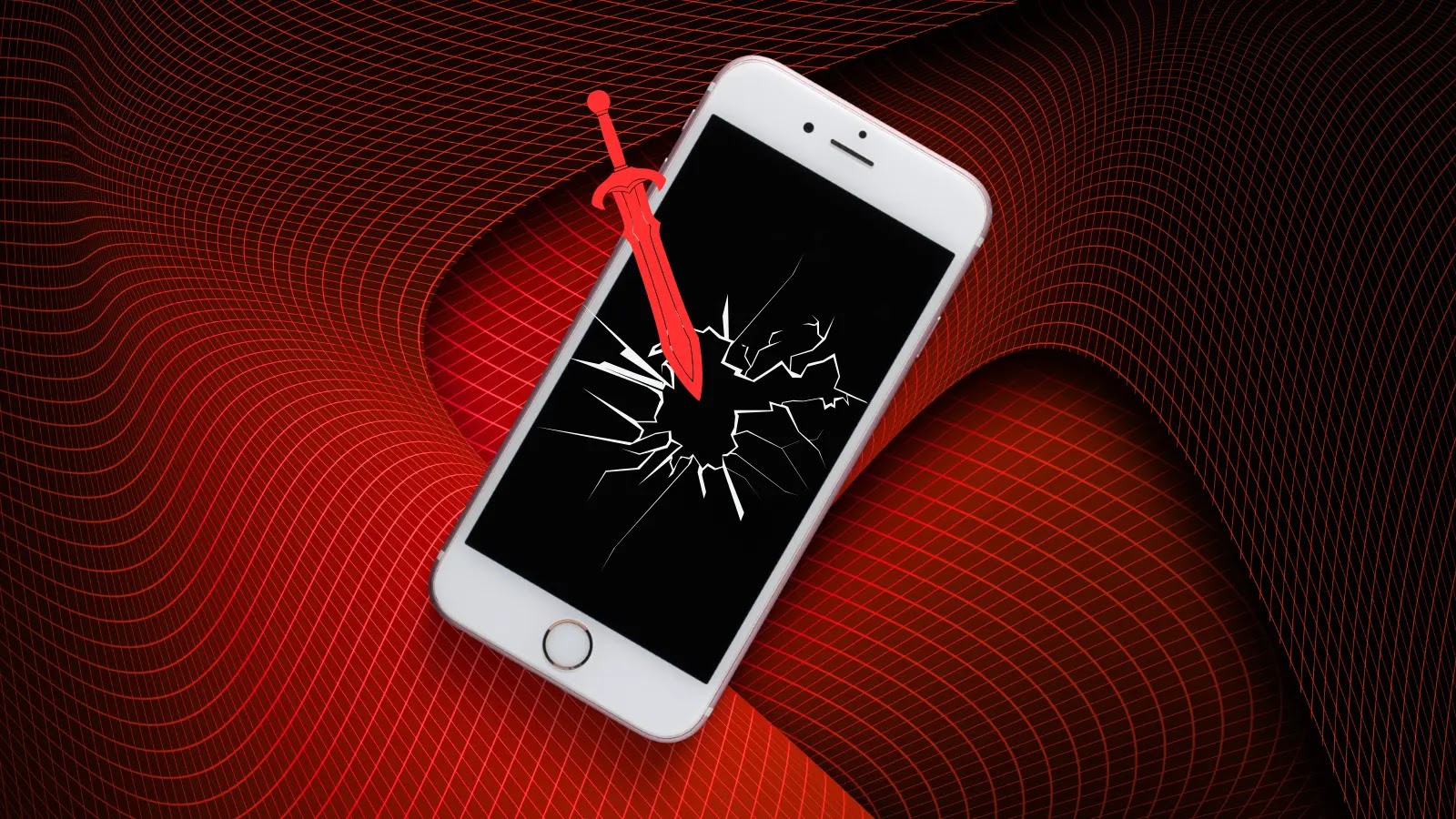DarkSword iOS Exploit A red sword pierces through a smartphone screen, creating cracks. The phone floats against a red and black abstract, wavy grid background.