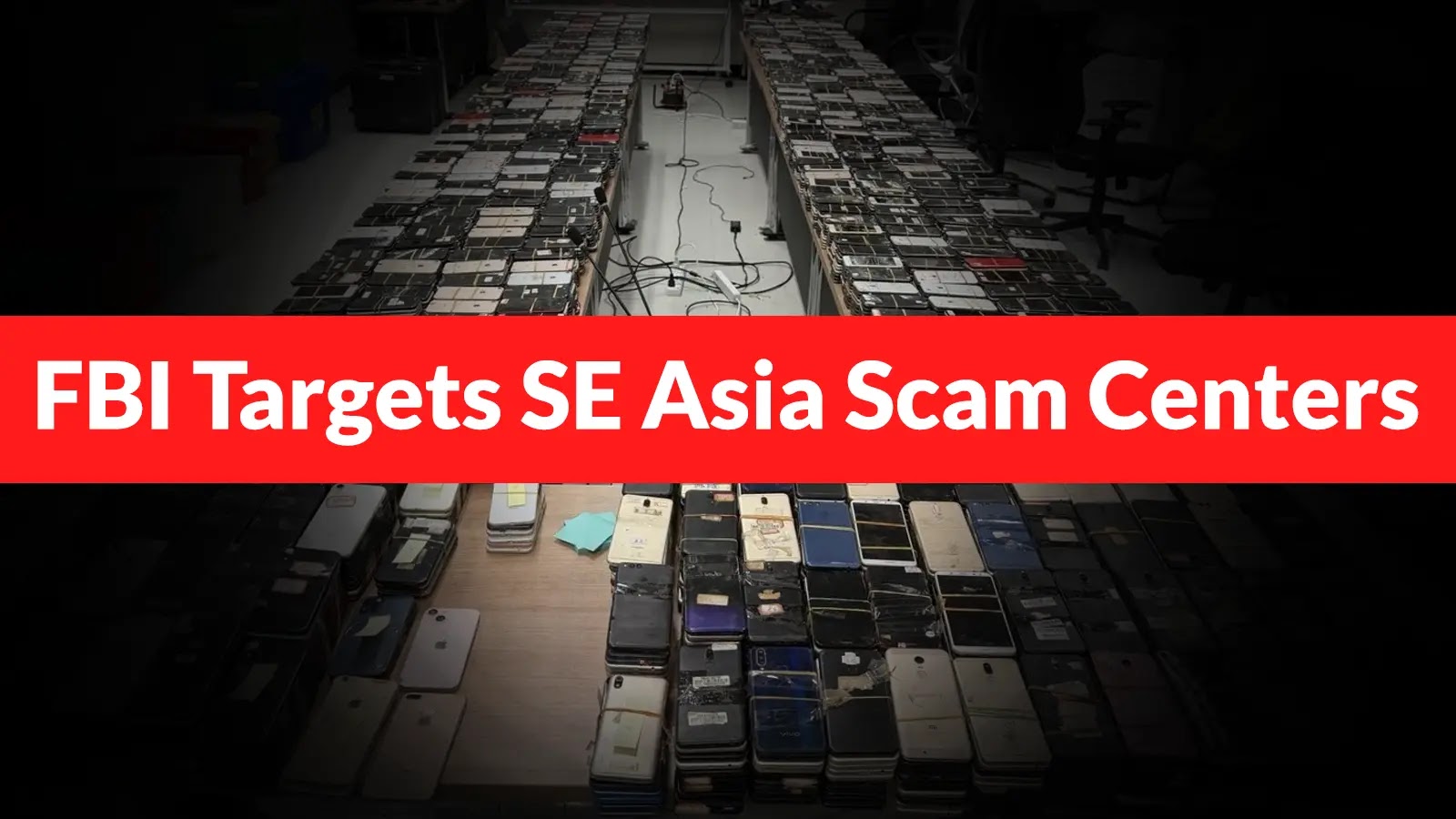 FBI, Thai Partners Target Southeast Asia Scam Centers Behind Cyber Fraud on Americans Rows of confiscated smartphones fill tables in a dimly lit room. Overlaid is a bold red banner with white text reading: “FBI Targets SE Asia Scam Centers.”.