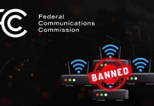 Graphic showing the FCC logo and text, with several Wi-Fi routers below, each emitting signal. A red BANNED stamp is placed over the routers, implying a restriction or ban.