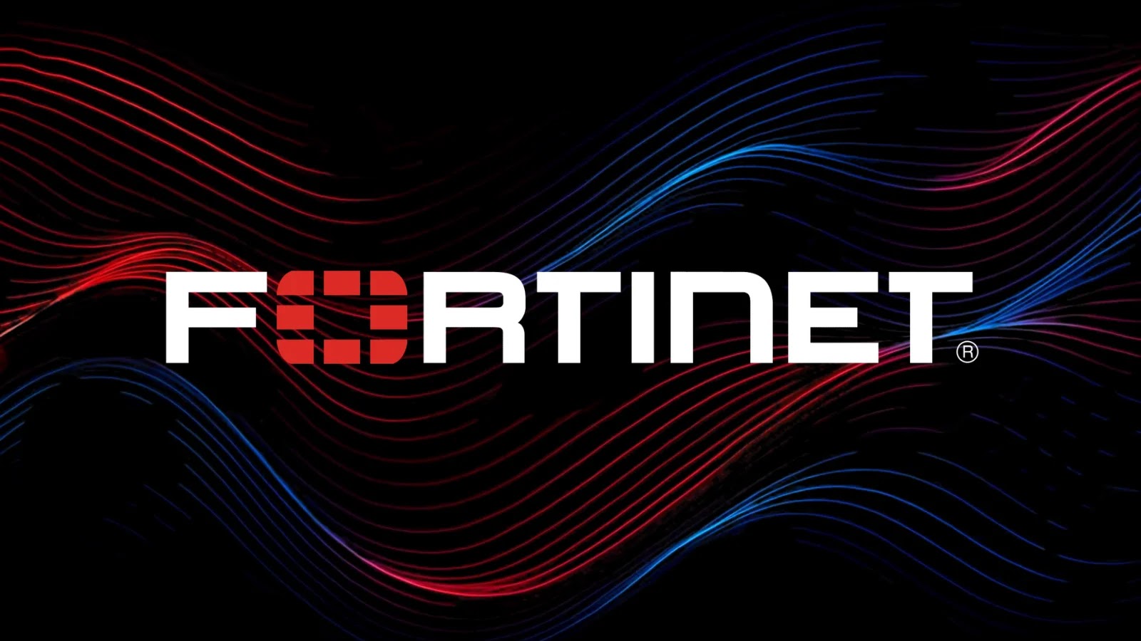 FortiGate Firewalls Exploited The Fortinet logo in white with a red stylized O on a black background, overlaid with flowing red and blue wavy lines.