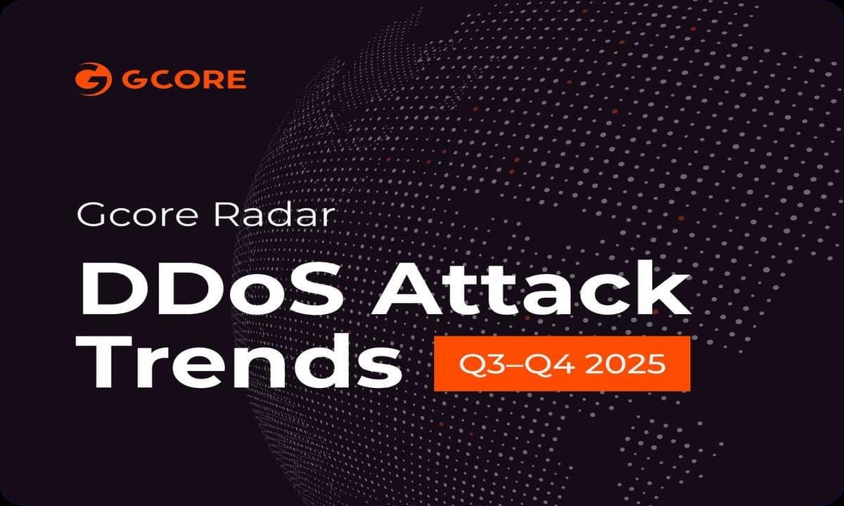 A digital graphic with the Gcore logo and text: Gcore Radar DDoS Attack Trends Q3–Q4 2025 over a dark background featuring a dotted globe pattern.