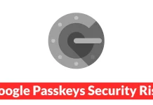 A circular gray icon resembling a clock or dial is above a red banner with white text that reads, Google Passkeys Security Ris.