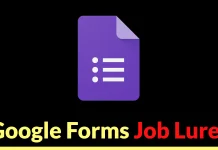 A purple Google Forms icon is centered on a black background. Below it, yellow and red text reads: “Google Forms Job Lure.”.