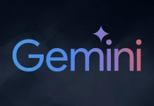 The word Gemini is written in a gradient of blue to pink letters on a dark background, with a purple sparkle icon above the first i.