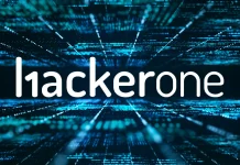 The image shows the word hackerone in white text on a dark background with blue digital lines and code, giving a cyber or technology-themed appearance.