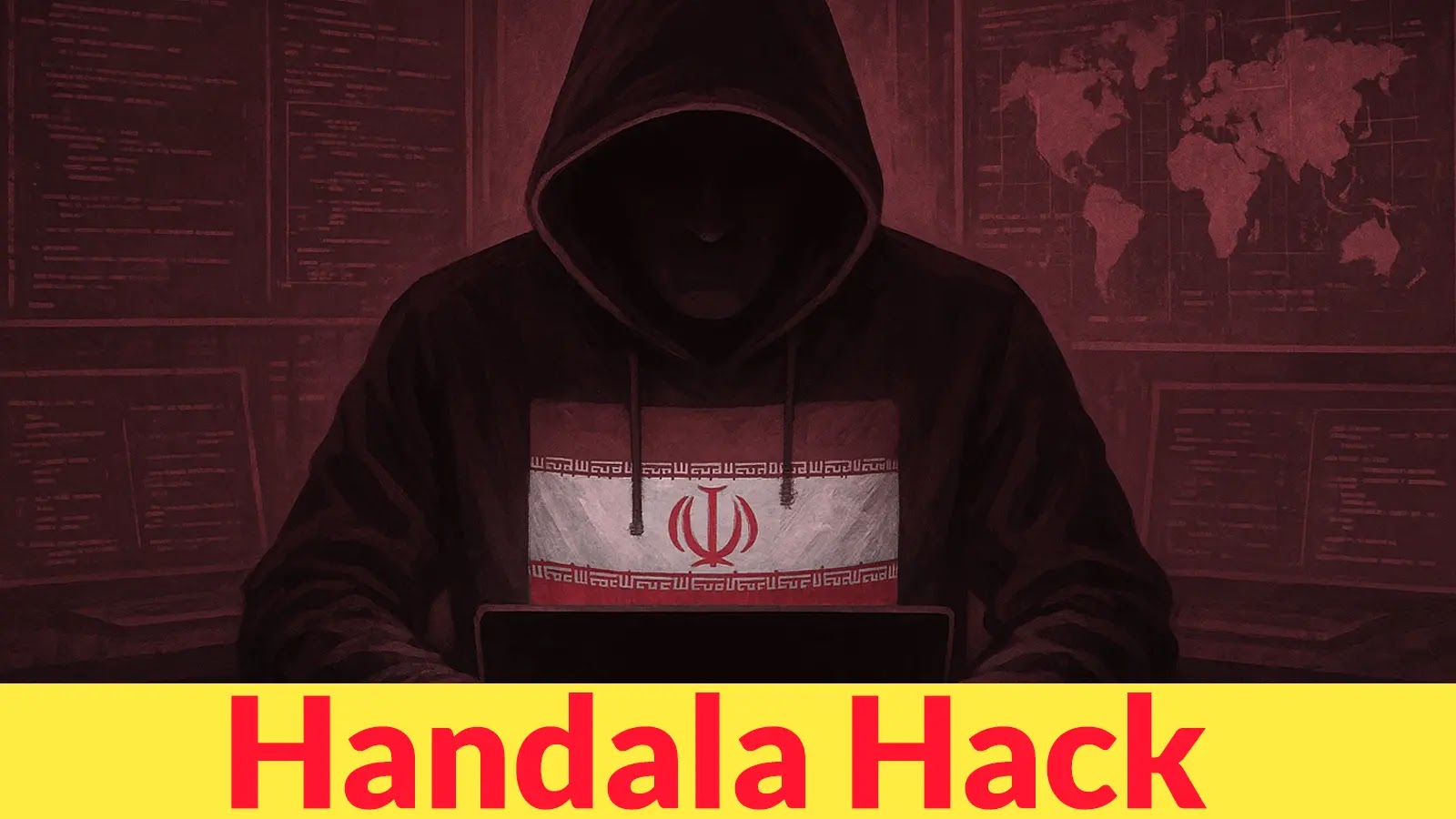 A hooded figure in shadow sits at a computer, wearing a hoodie with an emblem and text. The background shows digital screens and a world map. The words “Handala Hack” appear in bold red letters on a yellow banner at the bottom.