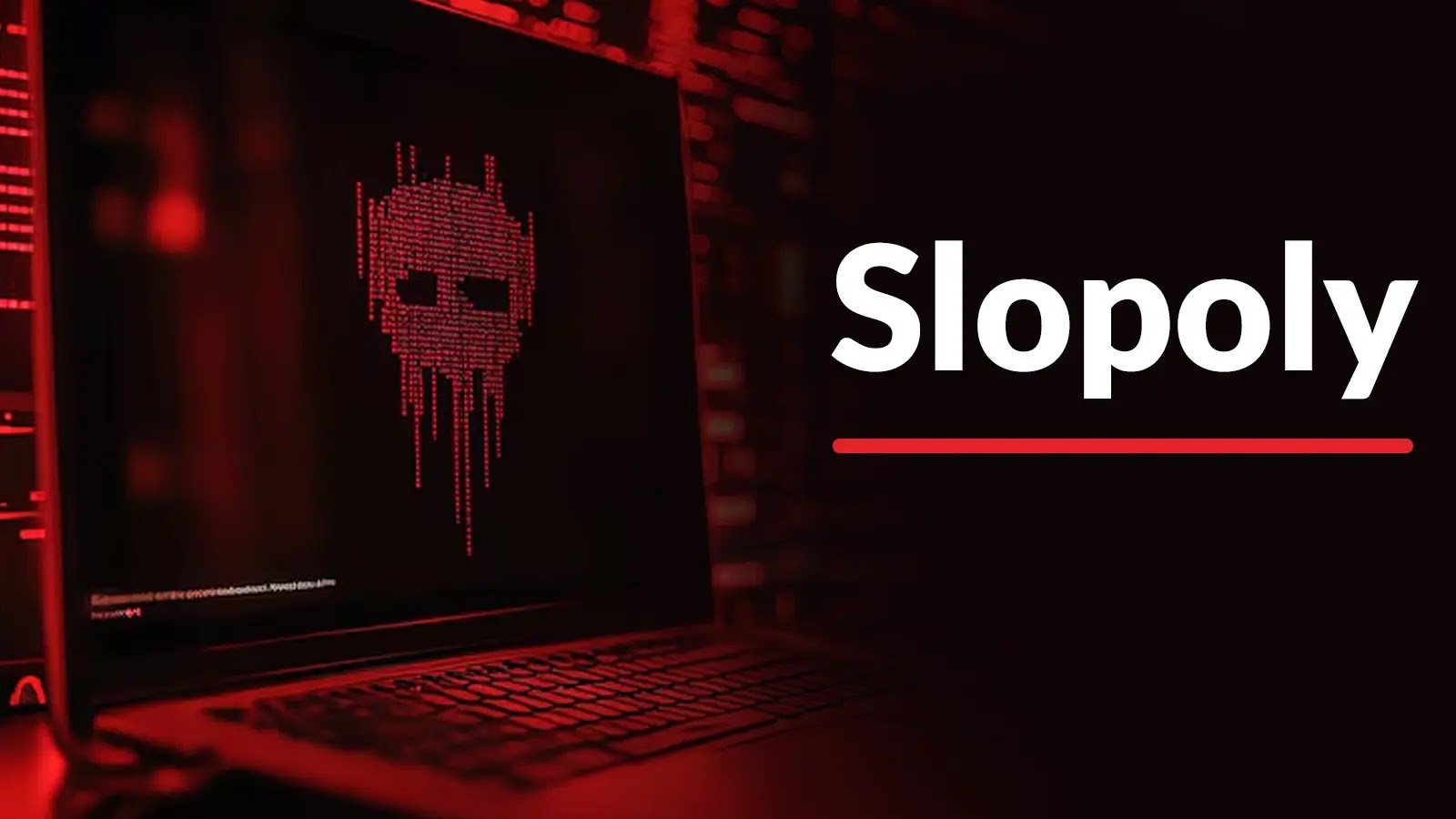 A laptop screen displays a red pixelated skull graphic, symbolizing a cyber threat, with the word Slopoly in bold white letters on a dark red background.