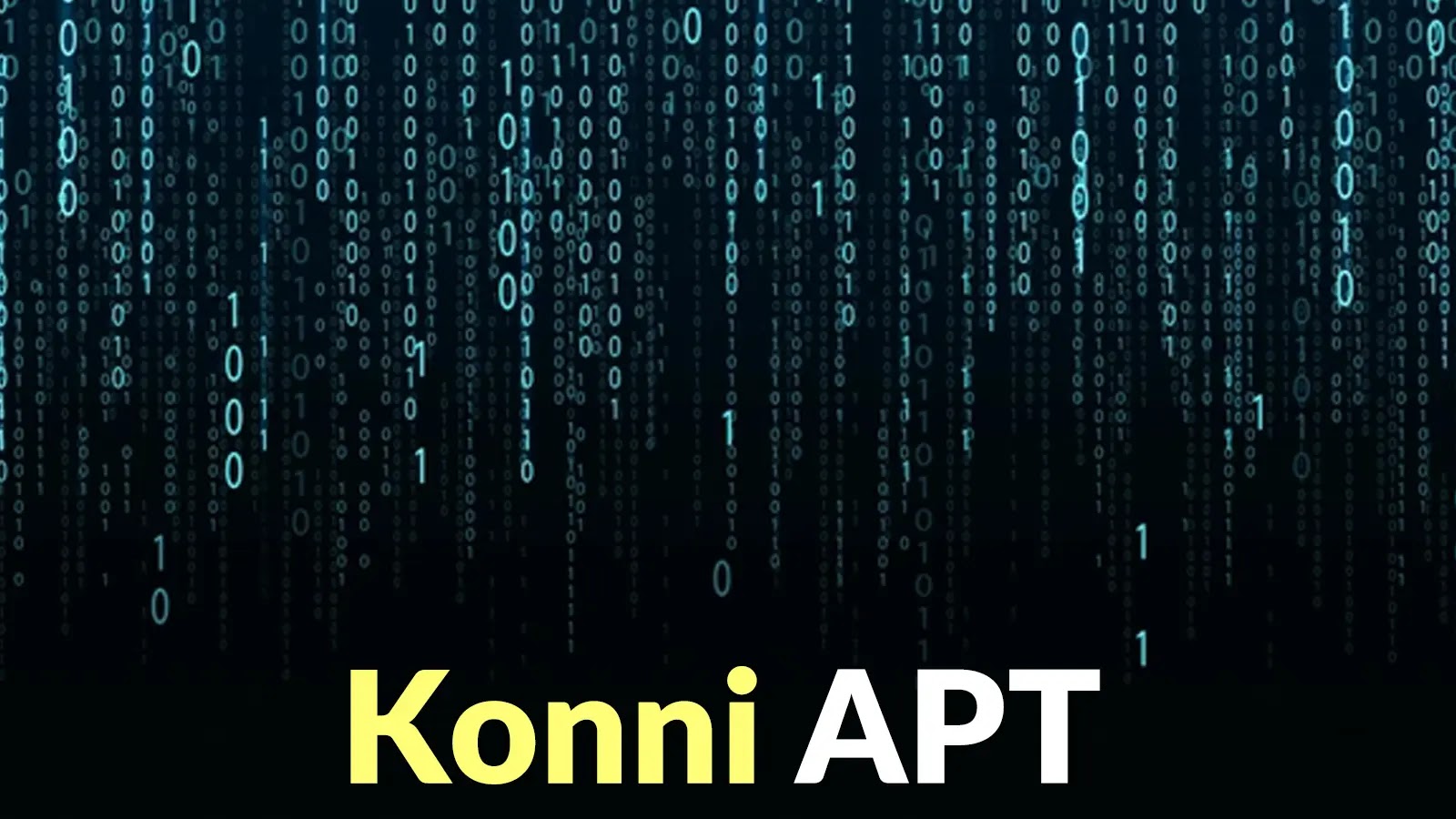 Dark background with cascading blue binary code (ones and zeros). At the bottom, the text Konni APT appears, with Konni in yellow and APT in white.