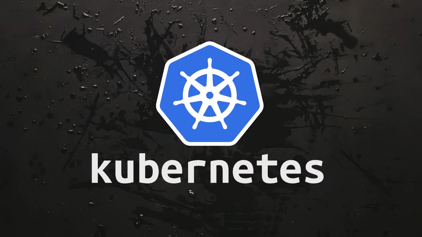 Kubernetes logo featuring a white ship wheel inside a blue hexagon above the word kubernetes in white lowercase letters, set against a dark, textured background.