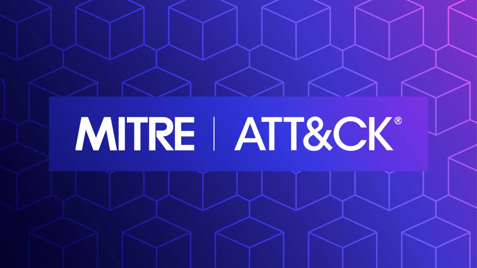 MITRE ATT&CK logo on a blue and purple gradient background with a pattern of outlined cubes.
