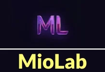 A dark background with glowing purple letters ML above a white line, and the word MioLab in large yellow text below the line.