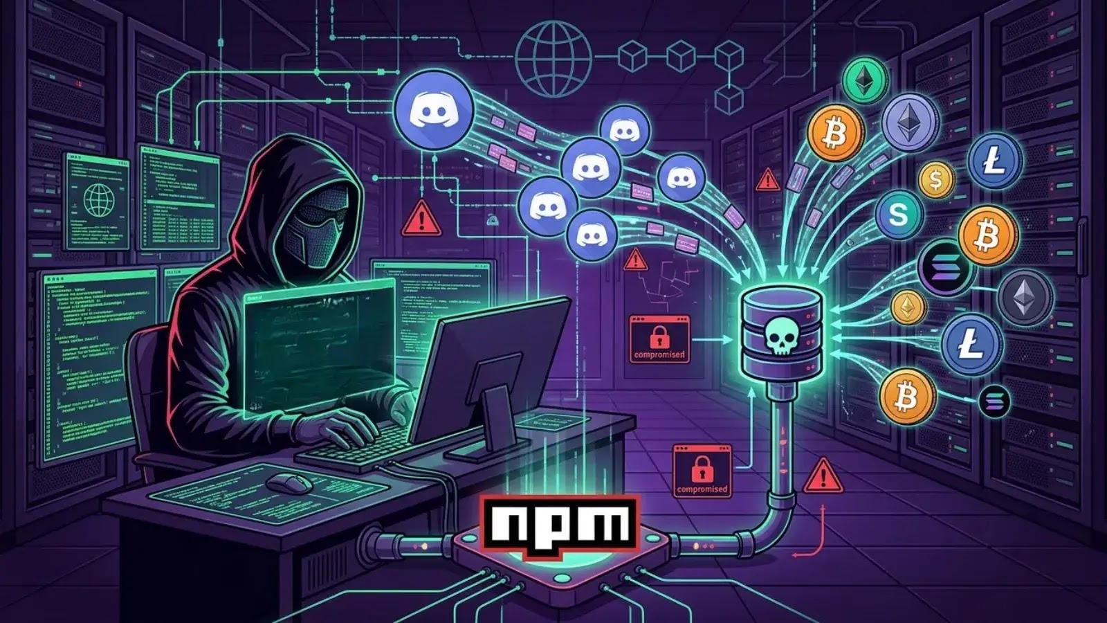 Malicious npm Campaign Impersonates Solara Executor to Steal Discord and Crypto Wallet Data (2) (1) A hooded figure at a computer hacks into a network, stealing cryptocurrency and data. Code, warning symbols, and currency icons flow from a server marked with a skull to the hacker. The npm logo appears at the bottom.
