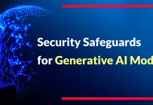 Digital image of a human head made of blue dots on a dark blue background with the text: Security Safeguards for Generative AI Models highlighted in white and yellow. Red lines border the top and bottom edges.