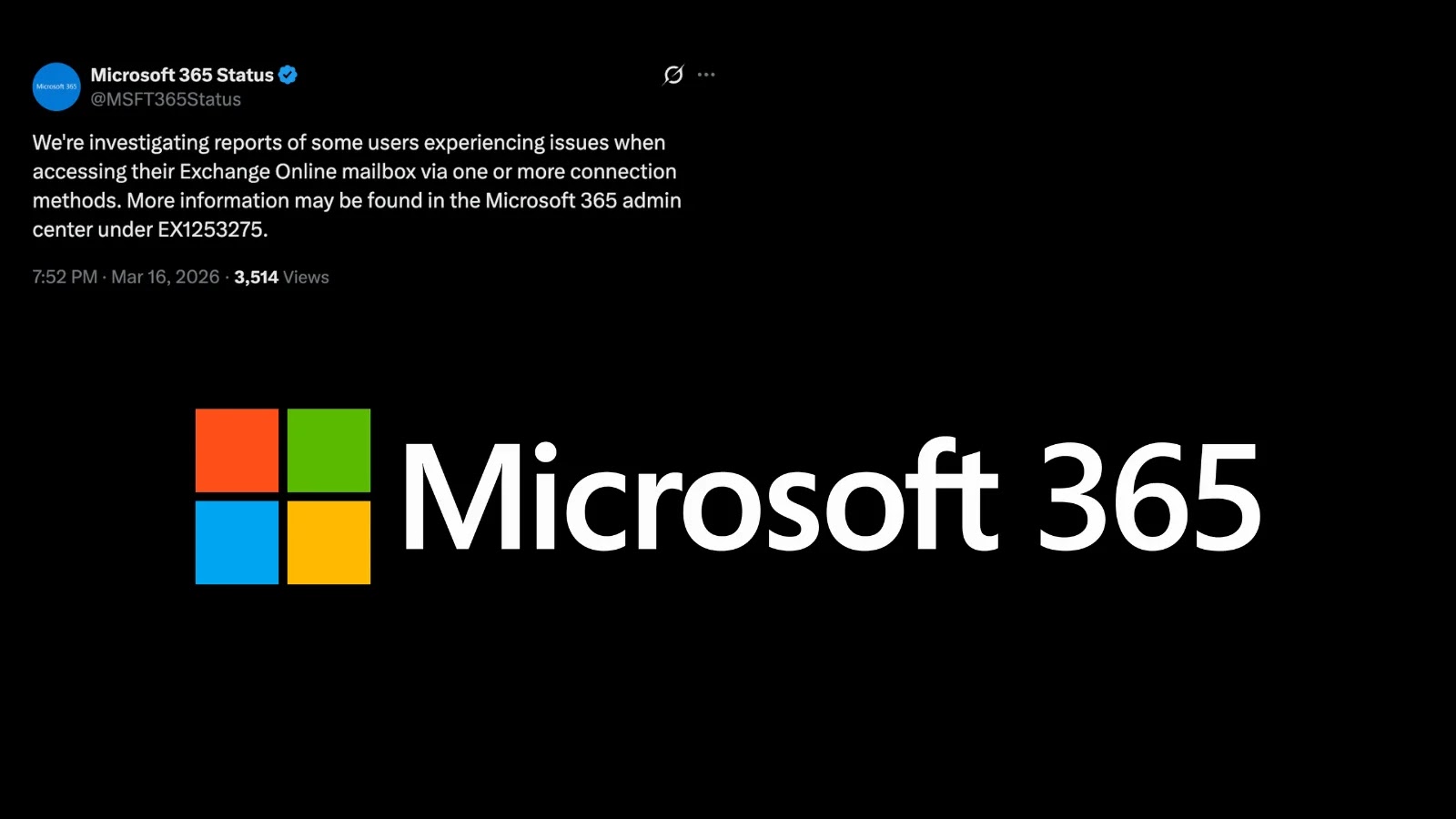 A Microsoft 365 status update on a black background states some users are having issues accessing their Exchange Online mailbox. The Microsoft 365 logo is displayed prominently below the message.