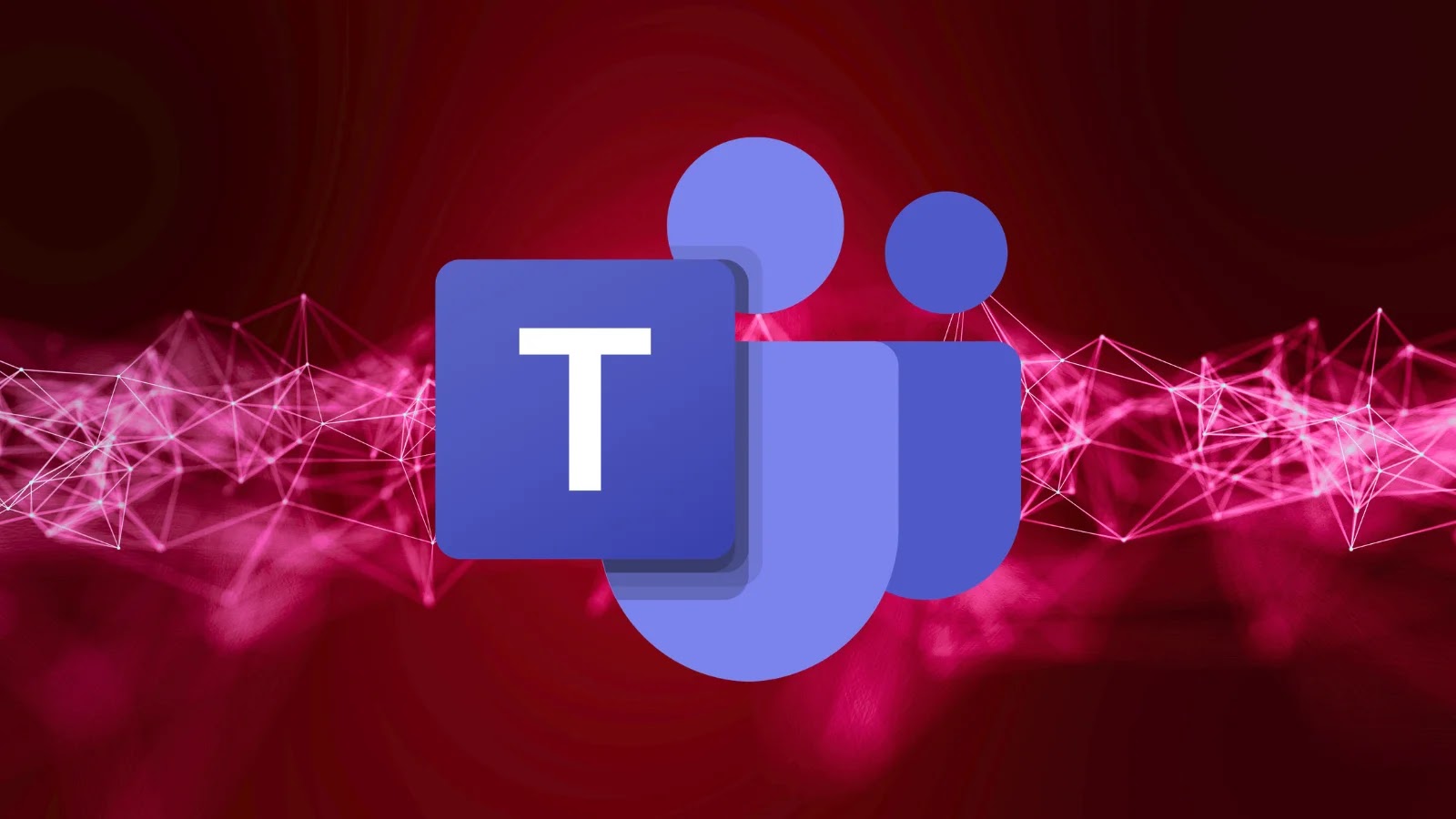 The Microsoft Teams logo in blue and purple appears in the center, set against a dark red background with glowing, abstract pink and red network lines.