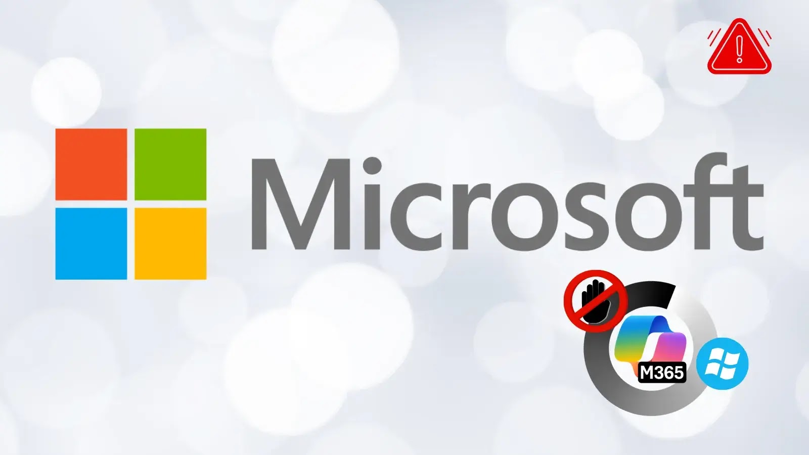 Microsoft logo on a blurred white background with warning symbols, a “no entry” sign over the M365 icon, and a Windows logo, suggesting restricted access or warning related to Microsoft 365.