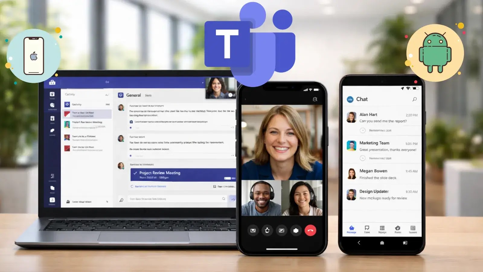 Microsoft unveils new Teams optimizations for Windows App on iOS & Android (1) A laptop and two smartphones display Microsoft Teams apps; the laptop shows a team chat, one phone shows a video call, and the other shows chat messages. Icons for iPhone and Android appear above the phones.